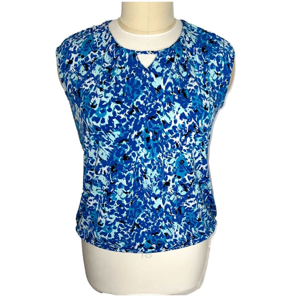 CJ Banks Women's 1X Tank Top Blouse Royal Blue Abstract Camo Print Keyhole Neck